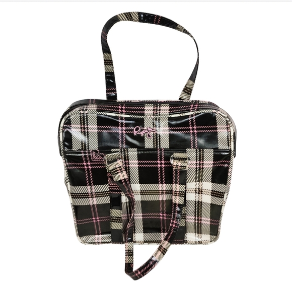 Roxy Luggage Large Overnight Tote Plaid Pink Black Cream Coated Cotton 14" x 14" - Picture 1 of 14